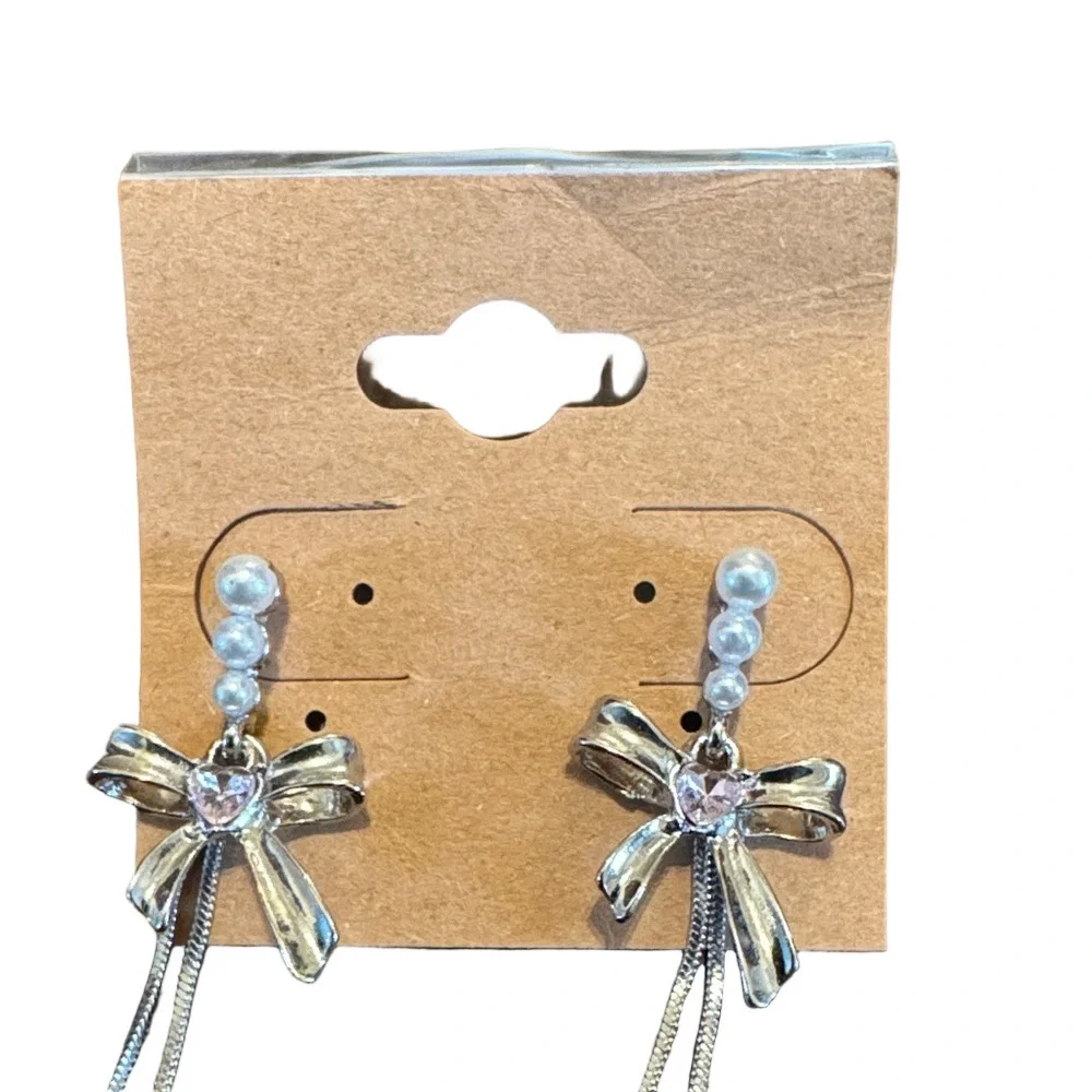 Silver Bow Dangle Earrings with Faux Pearls NWOT